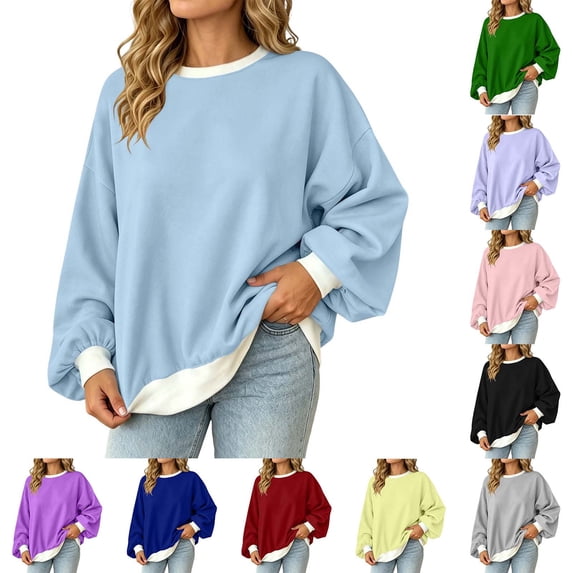Color Block Sweatshirt For Women, Crewneck Puff Long Sleeve Tops, Fall Oversized Fashion Casual Pullover Shirts S-XXL