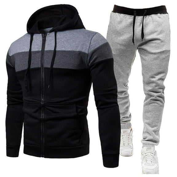 Color Block Sweatsuits For Men Set 2 Piece With Hoodie Jacket, Mens Tracksuits Pullover Tracksuit Sweatshirt Oversized Jogger Sweatpants (L,Black)