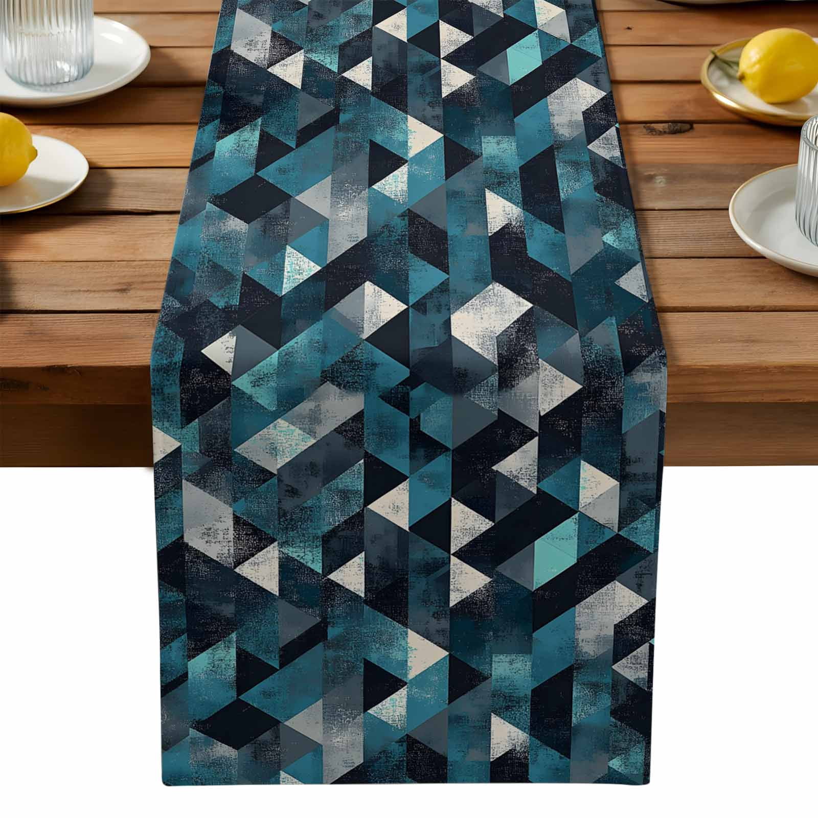 Color Block Table Runner, Blue White Check Abstract Texture Kitchen ...