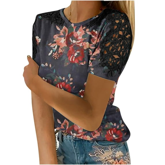 Color Block Tops for Women Summer Tops Crewneck Sweatshirts Womens Short Sleeve Tops Lace Tops Women's Fashion Hoodies & Sweatshirts Sweatshirts Loose Fit Women re Print Tops Shirt Set