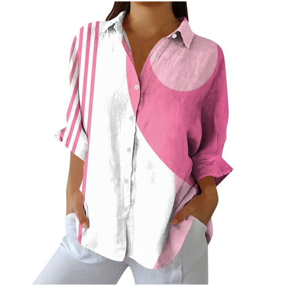 Color Block Tops for Women Button Down Long Sleeve Shirts Striped Dots Patchwork Trendy Blouses Fall Spring (XL, Pink)