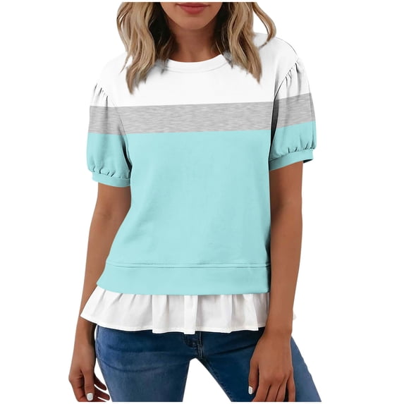 Color Block Tops for Women Round Neck Layered Hem T-Shirt Puff Short ...