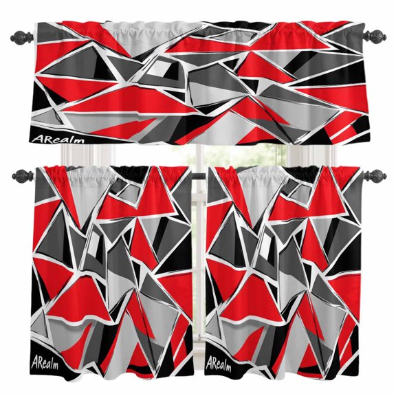 Color Block Triangle Kitchen Curtains Valance and Tier Set Black Red Stitching Rod Pocket Short Curtains for Small Window 3 Pieces Set for Bedroom Bathroom Cafe (54" x 18"+27" x 24")