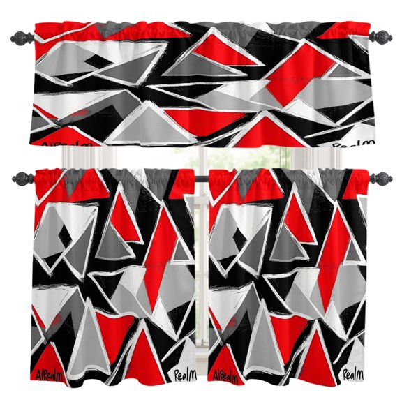 Color Block Triangle Kitchen Curtains Valance and Tier Set Red Black Stitching Rod Pocket Short Curtains for Small Window 3 Pieces Set for Bedroom Bathroom Cafe (54" x 18"+27" x 36")