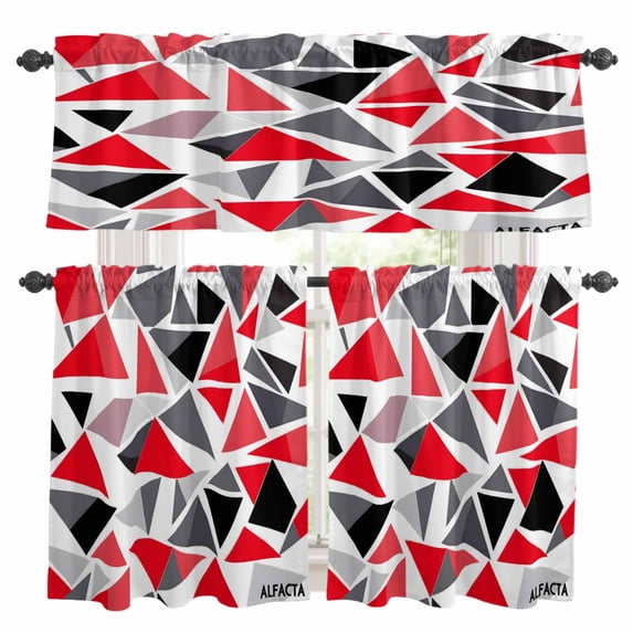 Color Block Triangle Kitchen Curtains Valances and Tiers Set of 3 Red Black Stitching Tier Curtains and Valance with Rod Pocket for Small Windows, 27.5"x24"