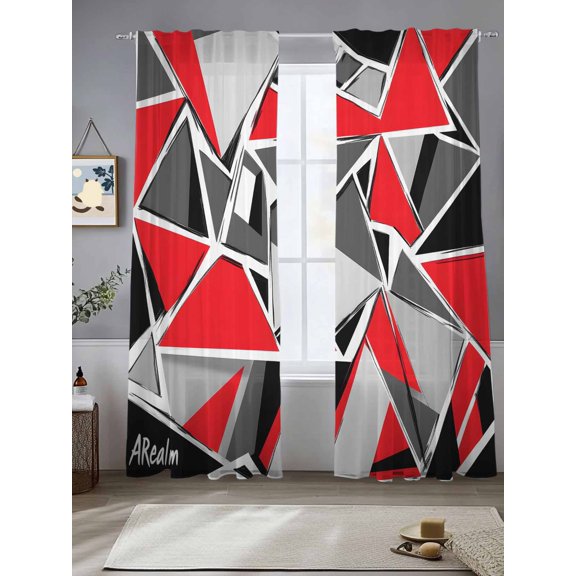 Color Block Triangle Sheer Curtains 84 Inches Long 2 Panels Black Red Stitching Light Filtering Semi Sheer Window Curtains Drapes for Bedroom Living Room 52"x84"