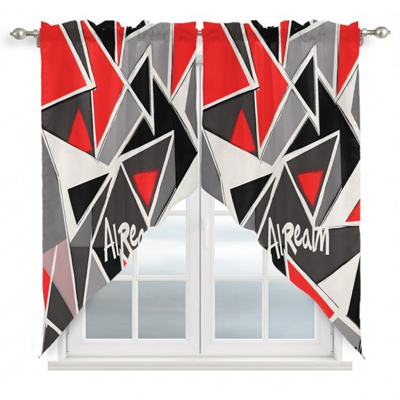 Color Block Triangle Swag Curtain Valance for Window 2 Panels Black Red Stitching Rod Pocket Small Window Swag Valances for Kitchen Bedroom Bathroom 36" W x 63" L
