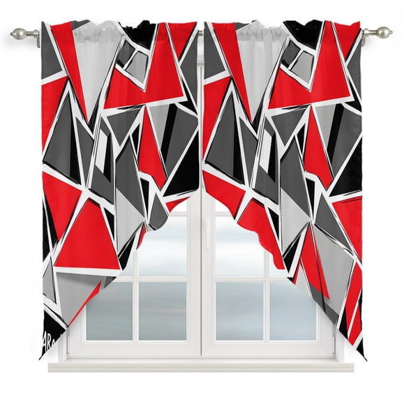 Color Block Triangle Swag Curtain Valance for Window 2 Panels Black Red Stitching Rod Pocket Small Window Swag Valances for Kitchen Bedroom Bathroom 36" W x 63" L