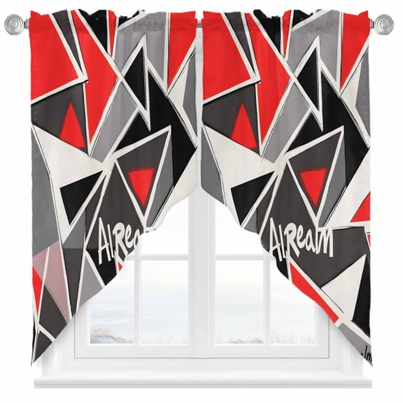 Color Block Triangle Swag Curtain Valance for Windows, Black Red Stitching Window Treatments Short Swag Topper for Kitchen Windows Bathroom Bedroom, 36"x63"