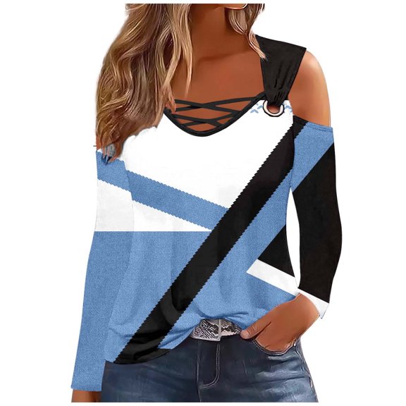 Color Block Tshirts Tops for Women Fashion Cross V Neck Tunic Sexy Cold Shoulder Long Sleeve Shirts