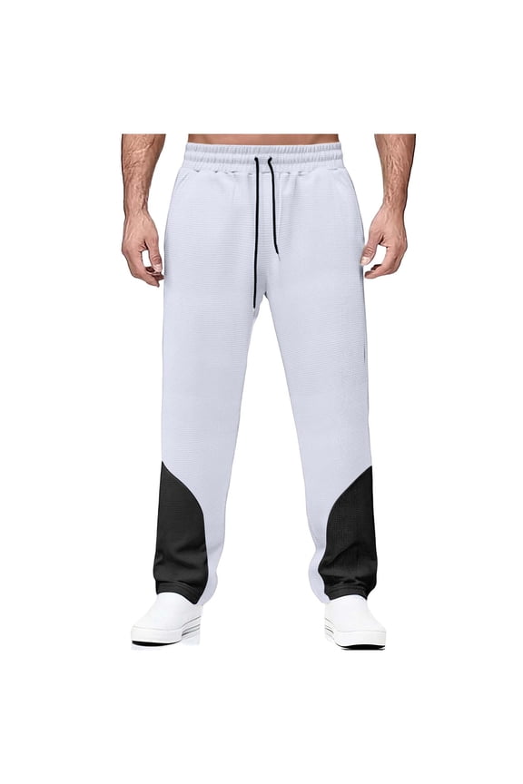 Color Block Waffle Pants for Men Wide-Leg Elastic Waist Trousers with Pockets Vintage Solid Sweatpants Drawstring Baggy Lightweight Trousers Fashion Slacks Men 2026 Summer Fall Slacks White S