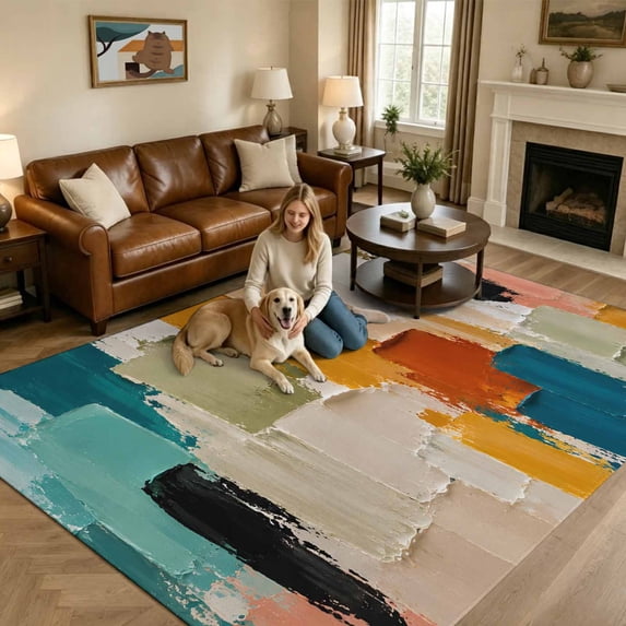 Color Block Washable Area Rug 5x8 Abstract Minimalist Orange Beige ...
