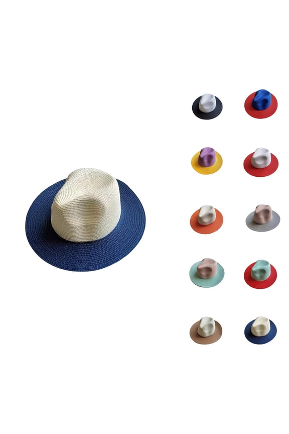 Color Block Wide Brim Straw Panama Hats for Men Women Summer Fedora Beach Sun Hat