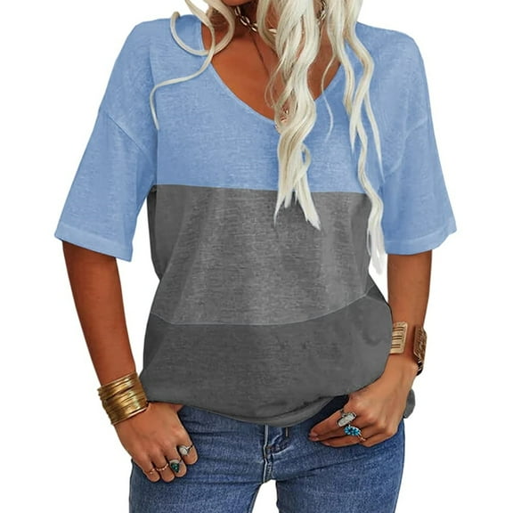 Color Block Women Short Sleeve V Neck Summer Casual Striped Shirt Tops