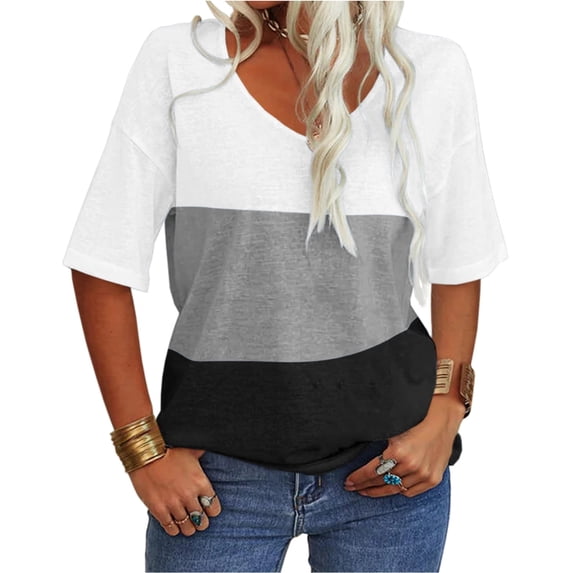 Color Block Women Short Sleeve V Neck Summer Casual Striped Shirt Tops