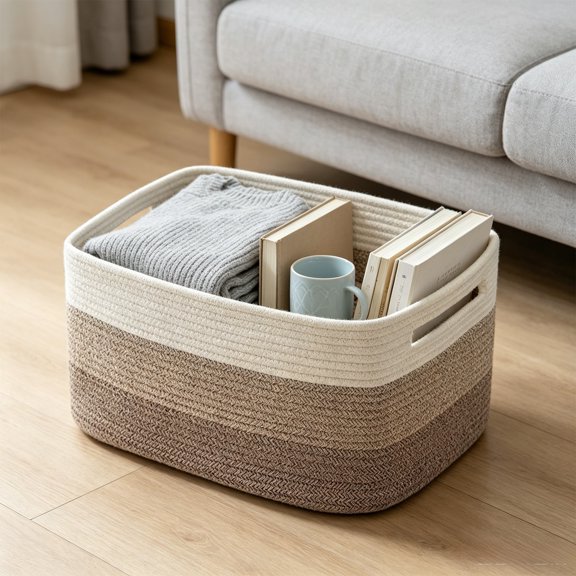 Color Block Woven Storage Basket Cotton Linen Multi-Purpose Organizer Bin,E