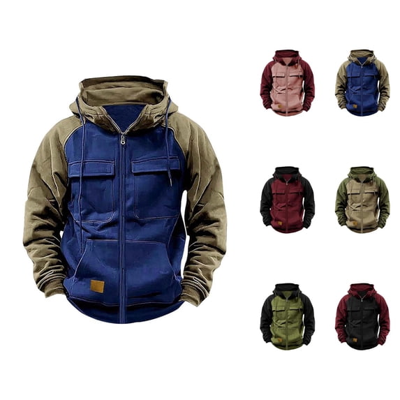 Color Block Zip Up Hoodie for Men Fall Winter Long Sleeve Hooded Sweatshirt with Pockets Jacket Coat Outerwear