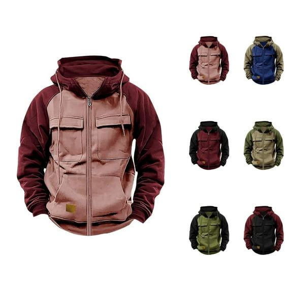 Color Block Zip Up Hoodie for Men Fall Winter Long Sleeve Hooded Sweatshirt with Pockets Jacket Coat Outerwear
