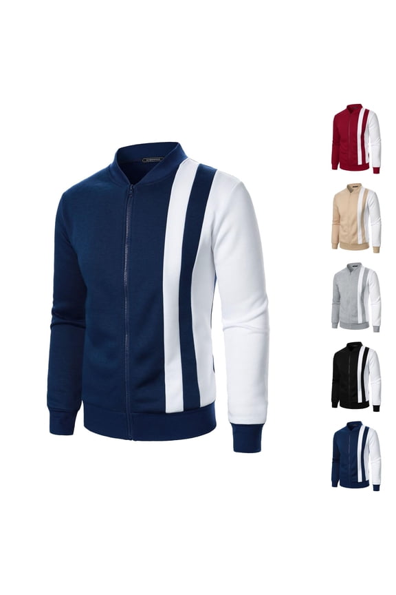 Color Block Zip Up Sweatshirt for Men Fall Winter Long Sleeve Stand Collared Sweat Shirt Jacket Coat Outerwear