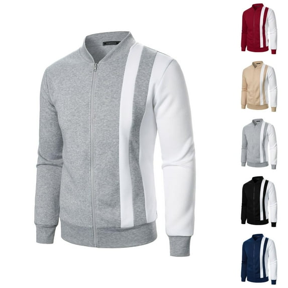 Color Block Zip Up Sweatshirt for Men Fall Winter Long Sleeve Stand Collared Sweat Shirt Jacket Coat Outerwear