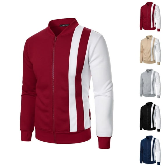 Color Block Zip Up Sweatshirt for Men Fall Winter Long Sleeve Stand Collared Sweat Shirt Jacket Coat Outerwear