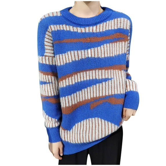 Color Blocked Crewneck Sweater Women's Loose Striped Jacquard Knit Autumn Winter Fashion Top Comfortable Soft Yarn Pullover