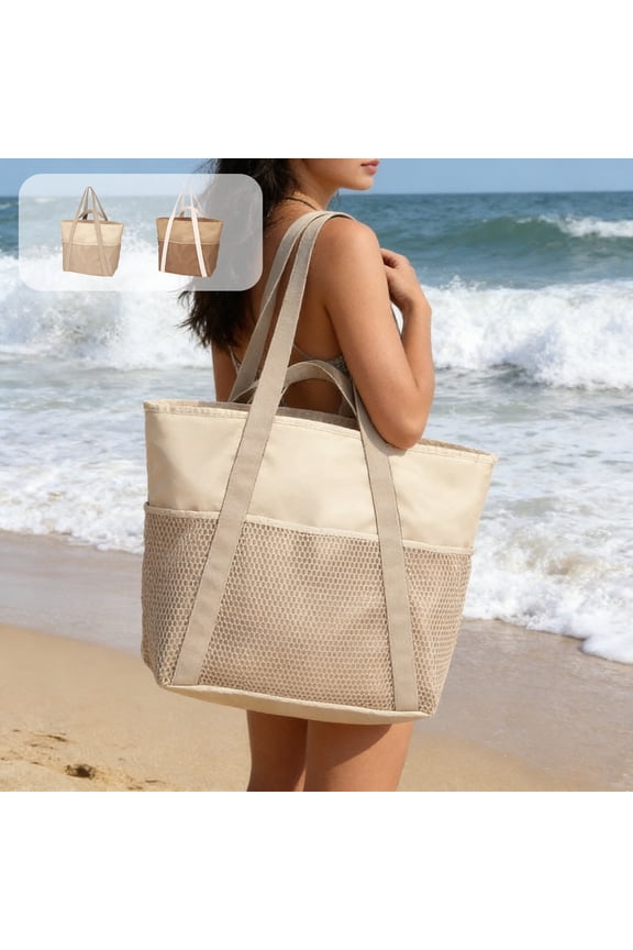 Color Blocked Mesh Beach Tote Bag, Large Capacity Breathable Openwork Mesh Shoulder Bag, Lightweight Foldable with Reinforced Strap for Beach Travel Shopping Poolside Storage Organizer, Brown