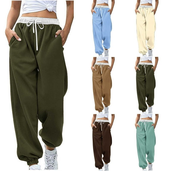Color Blocked Printed Drawstring Pants, High Waisted Wide Leg Lounge Pants with Pockets, Buttery Soft Casual Joggers Sweatpants for Women, Aesthetic Streetwear Gifts | Sopatenor,Army Green L