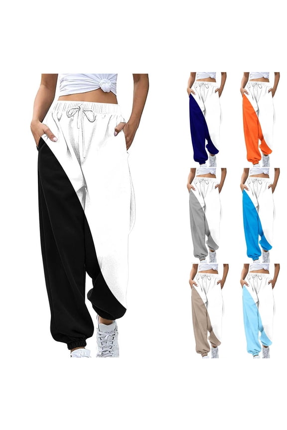 Color Blocked Printed Drawstring Pants, Loose Fit Casual Lounge Pants Trousers, Elastic Waist Streetwear Aesthetic, Fashion Gifts for Women | Sopatenor,Black XL