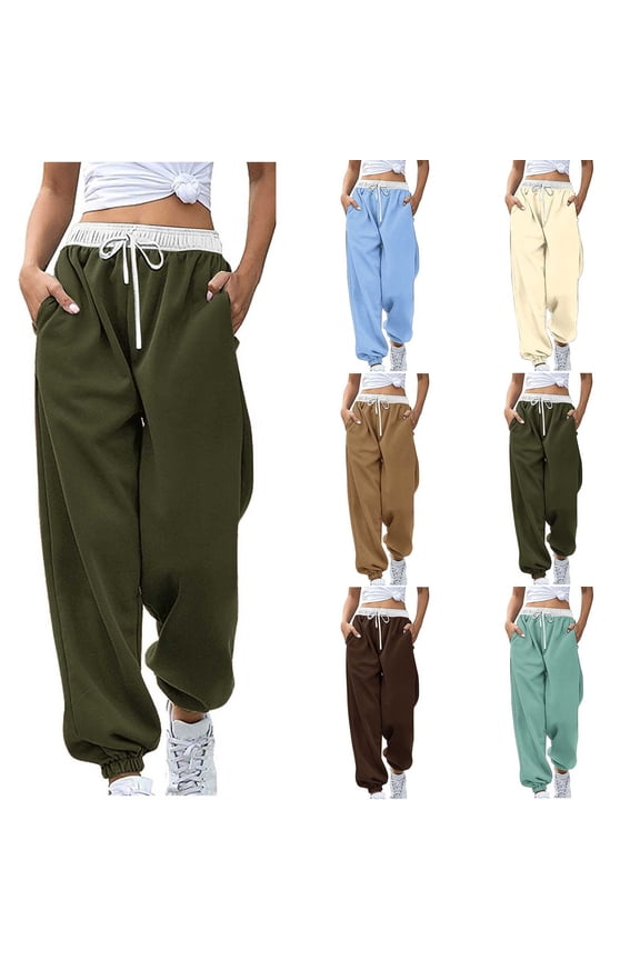 Color Blocked Printed Pants Women Fashion Drawstring Waist Casual Lounge Joggers Wide Leg Trousers Streetwear Aesthetic Gifts for Women | Sopatenor,Coffee L