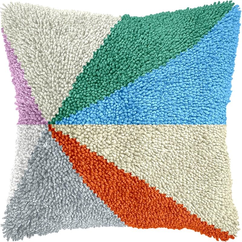 Color Blocking Latch Hook Pillows Kits Cushion Pillow Cover with Pattern Printed Canvas Sofa Hooking Pillowcase Crafts Embroidery Latch Hooking Crochet Kits Set 17x17 inch(1)