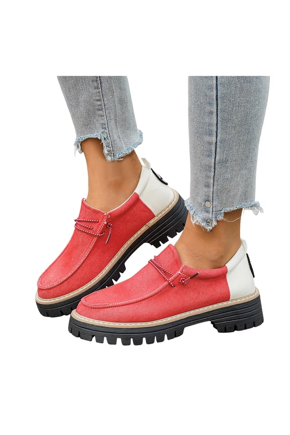 Color Blocking Platform Loafers for Women Fashion Retro Slip On Casual Shoes Comfortable Lace Up Oxford Dress Shoes Red Size 7