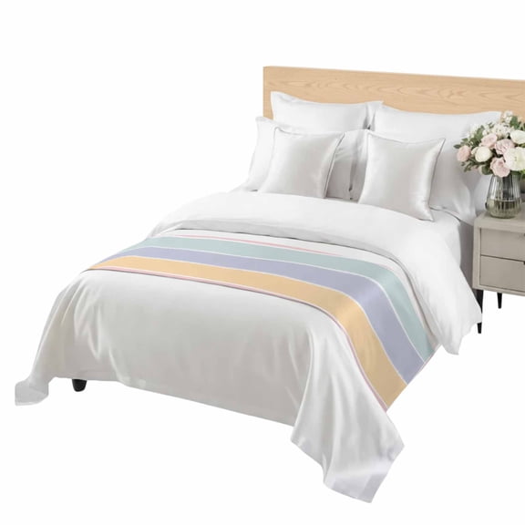 Color Blocks Bed Runner for Twin Size Bed, Light Green Purple Yellow Stripes Simple Soft Bedding Scarf Bedding Protector Slipcover Sofa Throw for Bedroom Hotel Guesthouse