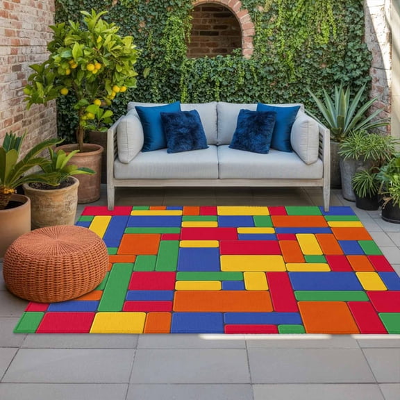 Color Blocks Indoor Outdoor Rugs 5x7 Ft, Green Blue Red Yellow Orange Geometric Abstract Outdoor Patio Rugs Mat Washable Outside Area Rugs Carpet for Porch Deck RV Camping Pool Balcony Backyard