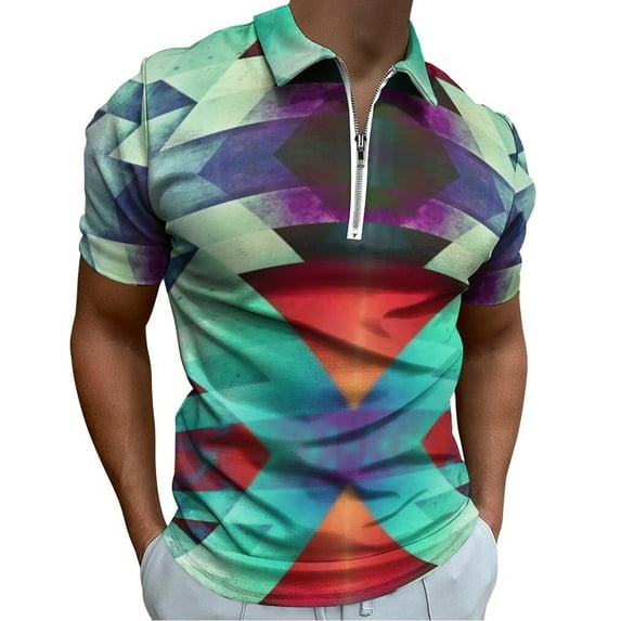 Color Blocks Men Zipper T-shirt Summer Casual Short Sleeve T-shirt Top