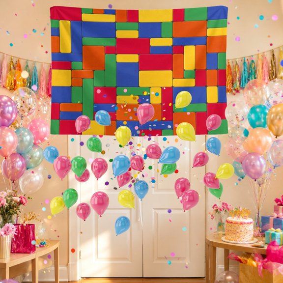 Color Blocks Party Decorations, Green Blue Red Yellow Orange Geometric Abstract Party Set with Backdrop Banner Balloons Confetti Ribbon, Reusable Photo Background for Party Home Decor, 2 x 3ft