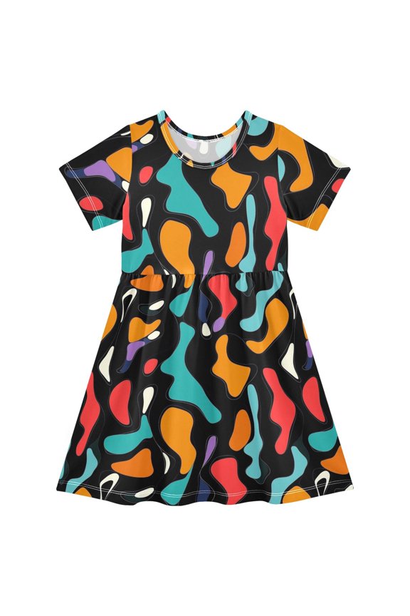 Color Blocks Pattern Girls Short Sleeve Dress A Line Sun Protection Breathable Comfort Sundress 3T