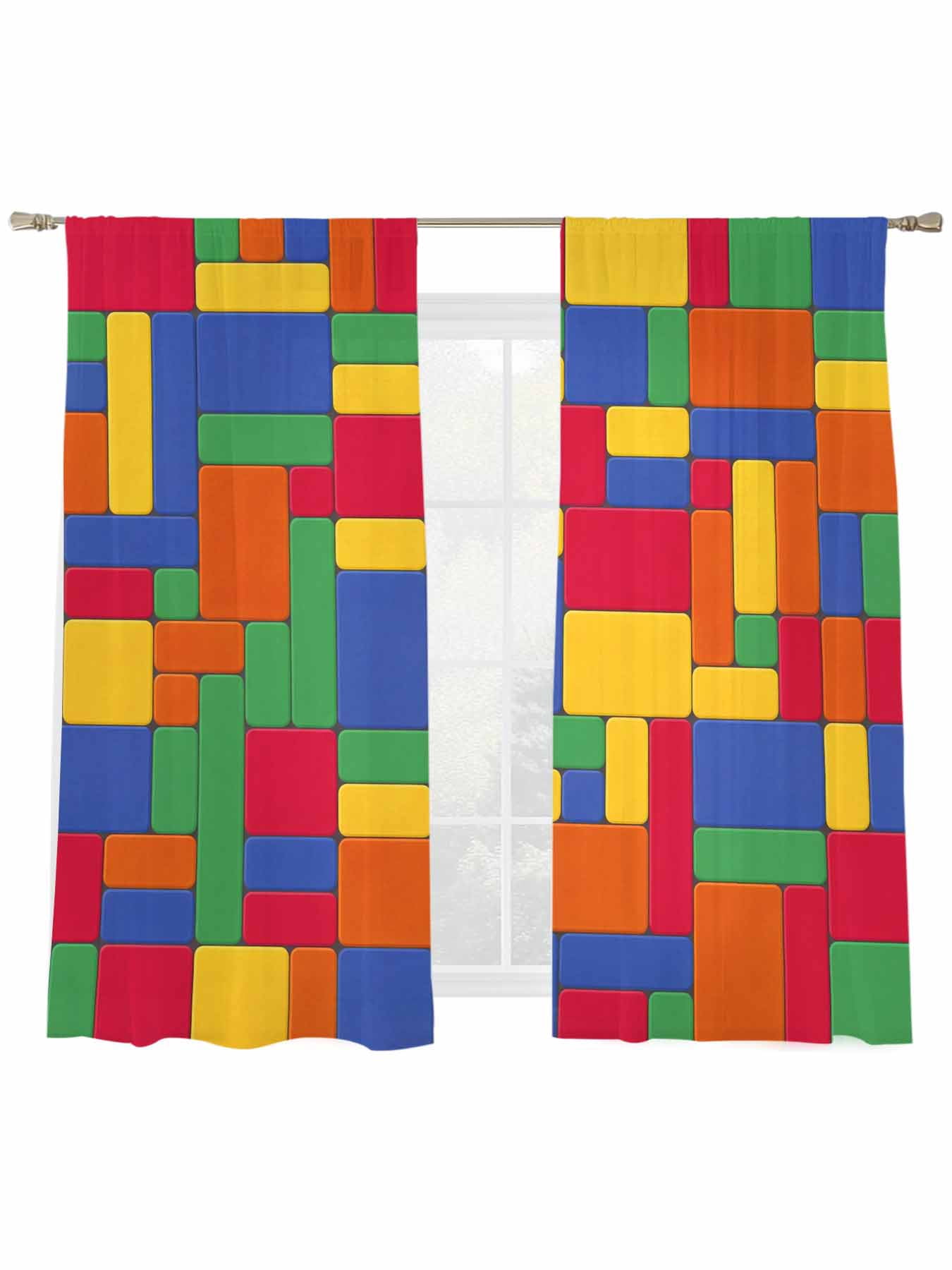 Color Blocks Sheer Curtains 2 Panels Set Green Blue Red Yellow Orange ...