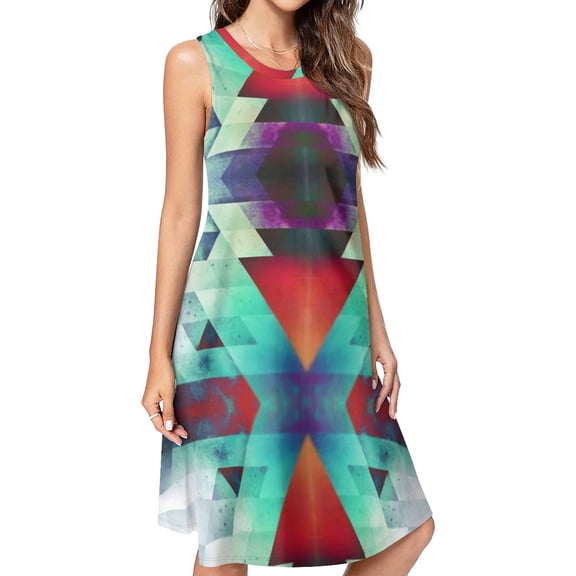 Color Blocks Spring Summer Dresses for Women Fashion T-shirt Dress Casual Sleeveless Loose Sundress with Pockets