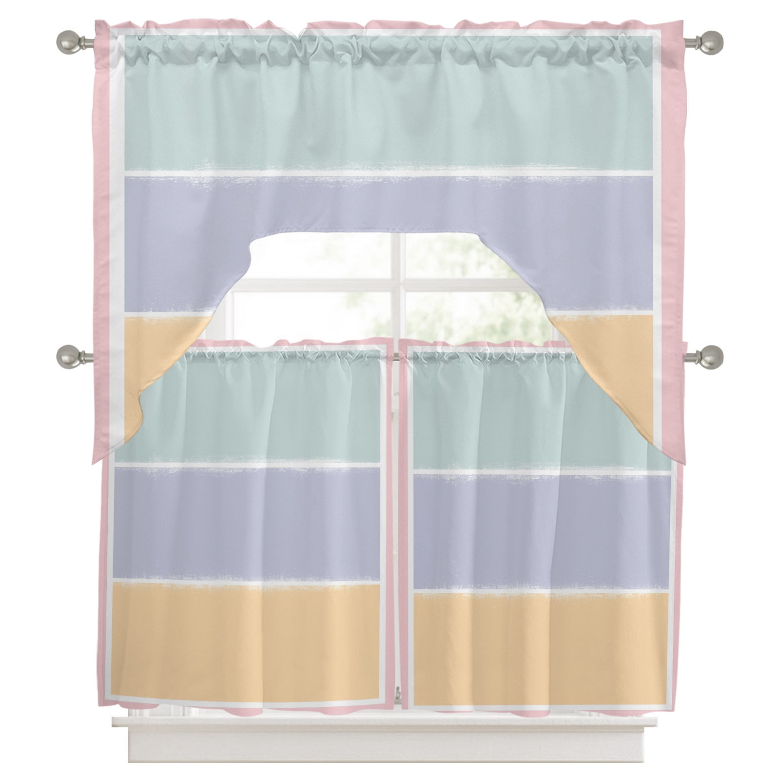 Color Blocks Swag Valance and Tier Set of 3, Light Green Purple Yellow ...