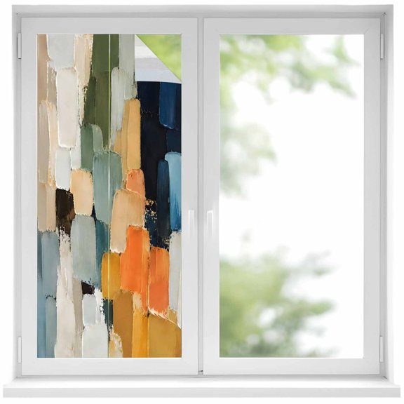 Color Blocks Window Privacy Film 19.6x39.3in Oil Painting Texture Orange Beige Blue Green Patches Decorative Window Film with Static Cling, UV Filtering Window Cling Privacy Film for Glass Doors