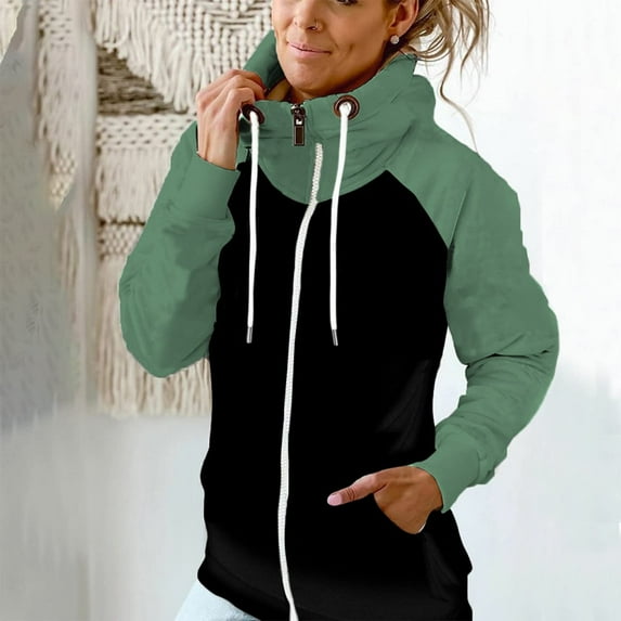 Color Bloeck Stripe Drawstring Pullover Pile Neck Casual Hoodie Sweatshirt for Women Fuzzy Tunic Outwear Tops with Pocket Green Jacket Coat Women Size X-Large