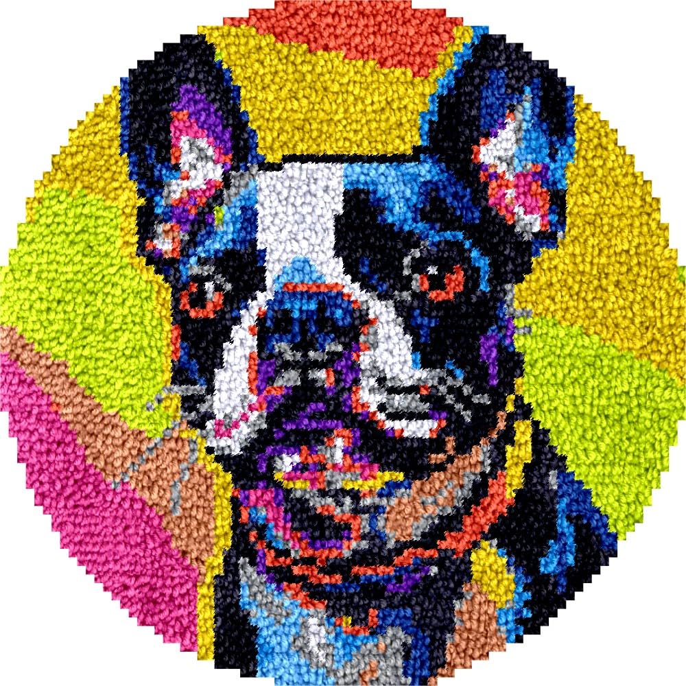 Color Boston Terrier Latch Hook Round Rug Kits Set for Starter Crochet Handmade Hooking Cushion Mat Sofa Seat Cushion Crocheting Kits with Preprinted Canvas Crochet Yarn Kits 50X50CM (r48)