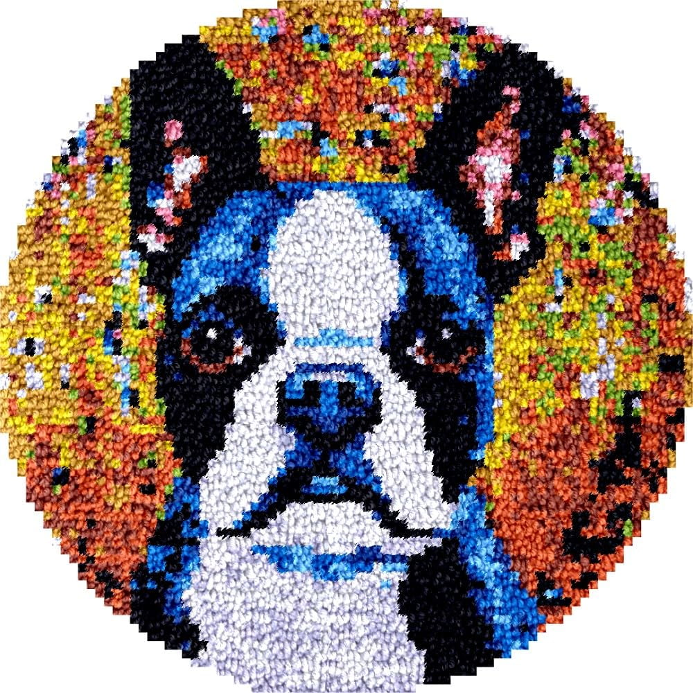 Color Boston Terrier Latch Hook Round Rug Kits Set for Starter Crochet Handmade Hooking Cushion Mat Sofa Seat Cushion Crocheting Kits with Preprinted Canvas Crochet Yarn Kits 50X50CM (r49)