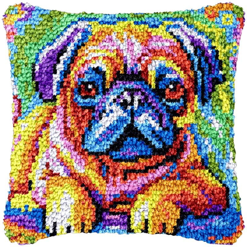 Color Bulldog Latch Hook Pillow Cover Kits for Needlework Cushion Throw Pillow Cross Stitch Crochet Hook Pillowcase Rug Kits Printed Canvas Crochet Yarn Kits Needlework 17'' X 17''
