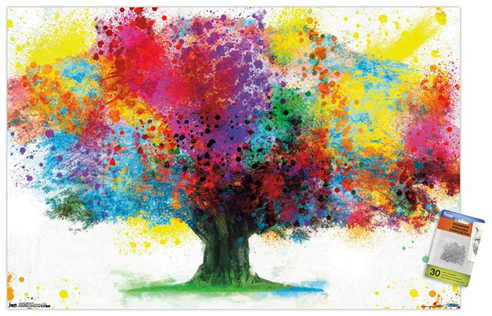 Color Bursting Tree Wall Poster with Push Pins, 22.375" x 34"