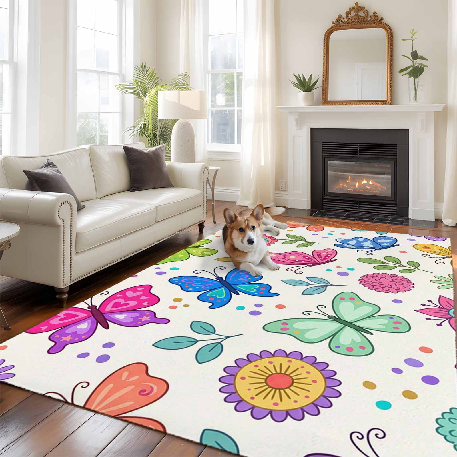 Color Butterflies Large Area Rugs 5x8 ft Cartoon Flower Green Blue Leaf ...