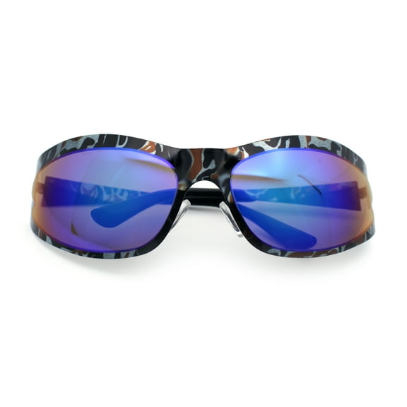 Color Camouflage Metal Frame Wrap Around Oval Sport Sunglasses Grey Brown Camo - Teal Mirror