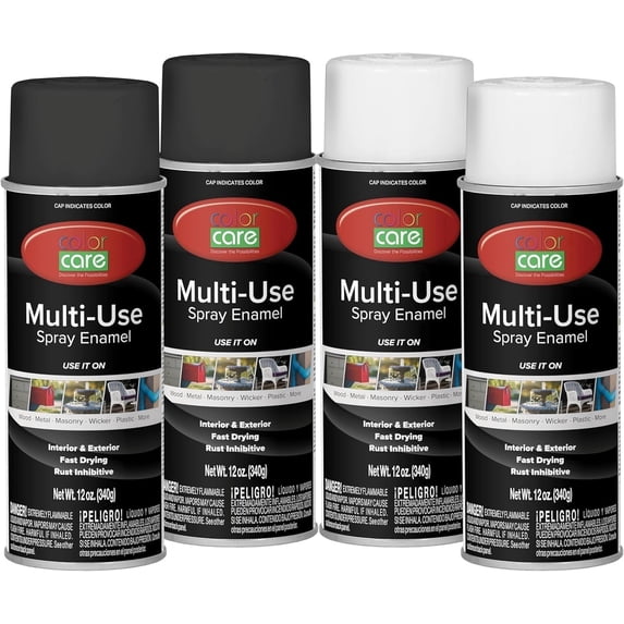 Color Care Multi-Surface Enamel Spray Paint and Rust Inhibitor, Flat Black & Flat White Mix, 12 oz, 4-Pack