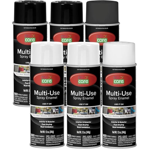 Color Care Multi-Surface Enamel Spray Paint and Rust Inhibitor, Flat/Gloss Black & White Mix, 12 oz, 6-Pack